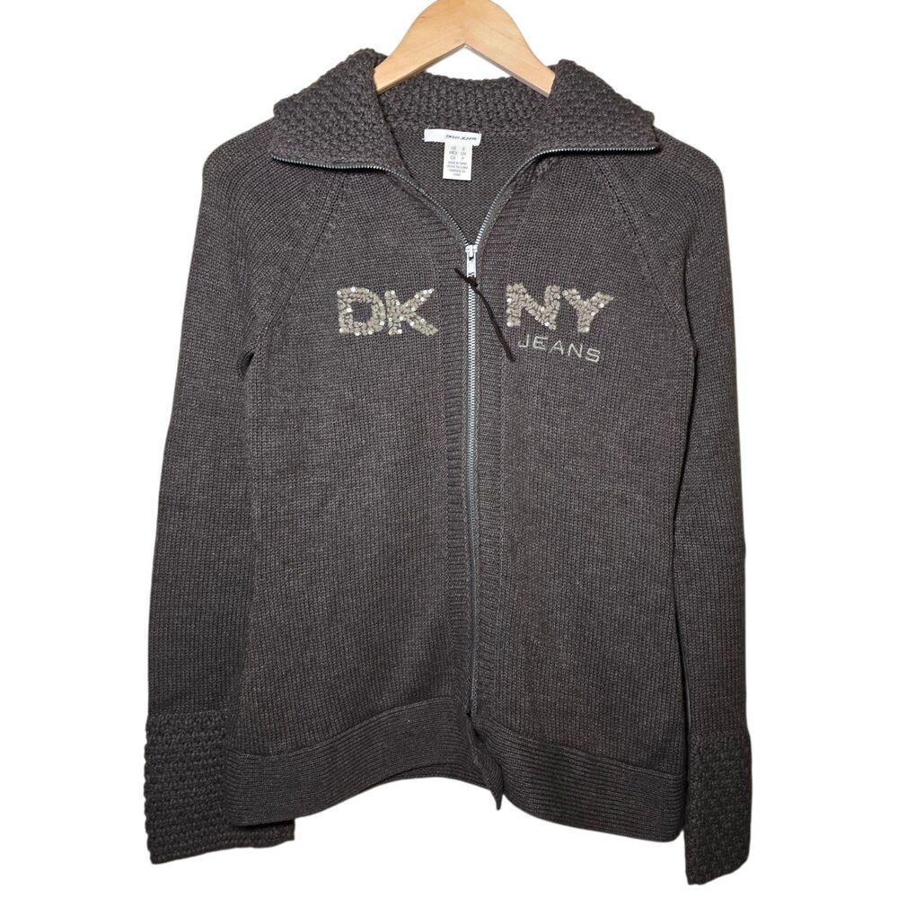 DKNY Jeans Women’s Small Full Zip Sweater Brown Y2K Streetwear Cozy Knit Sequin